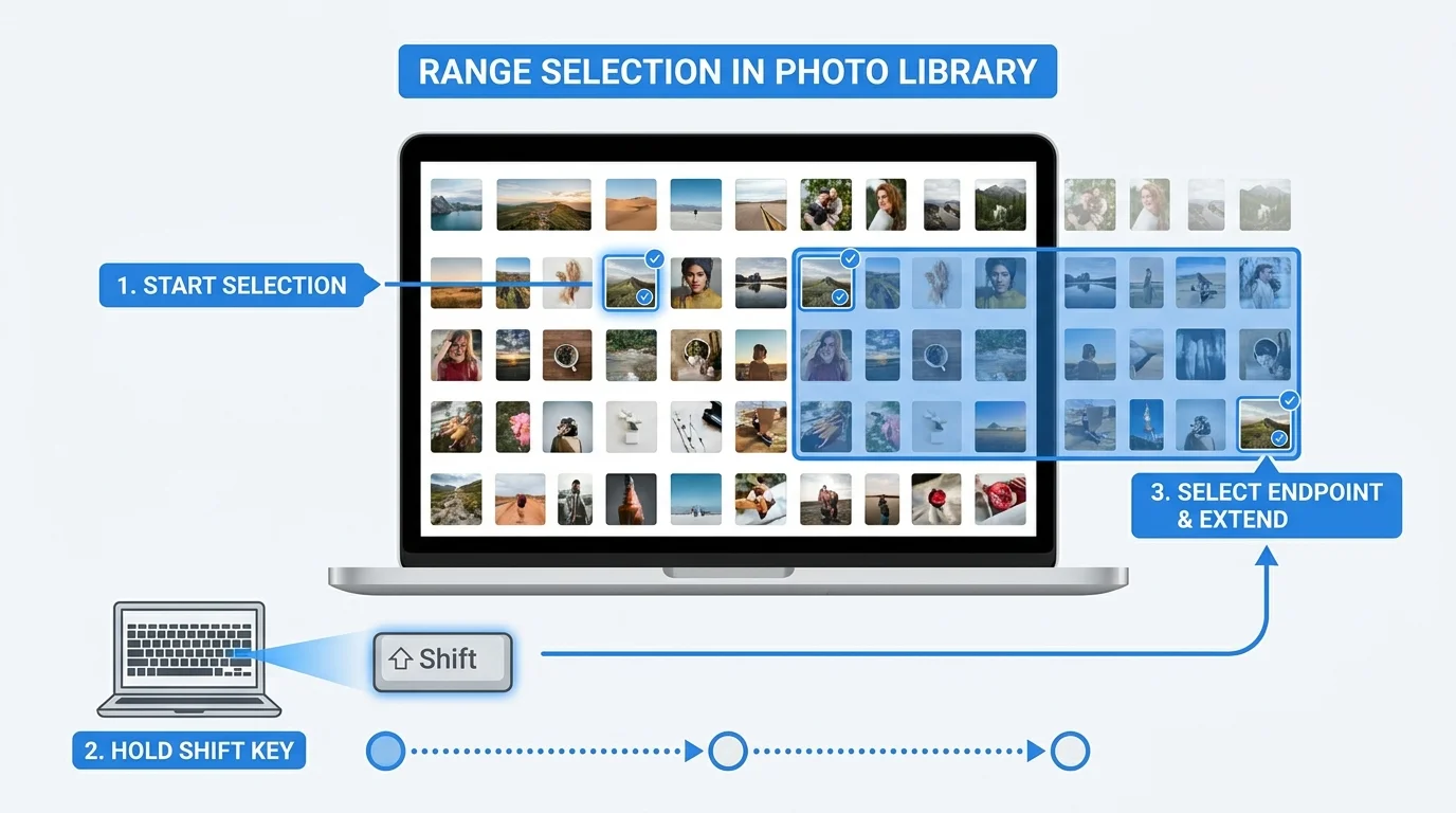 An illustrative desktop photo grid showing the first thumbnail selected and a Shift-click range ending at the last thumbnail