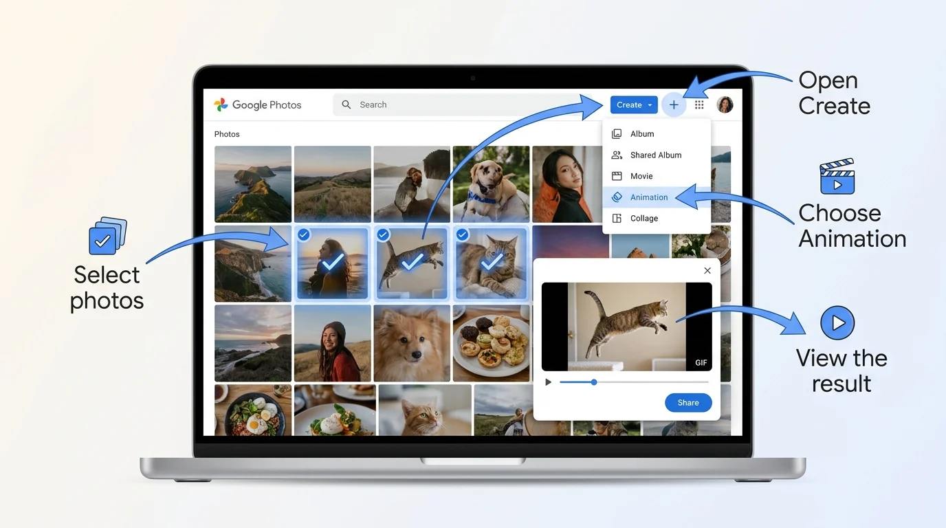 A laptop with selected photos and a Create menu, illustrating how to make an animation in Google Photos on a computer