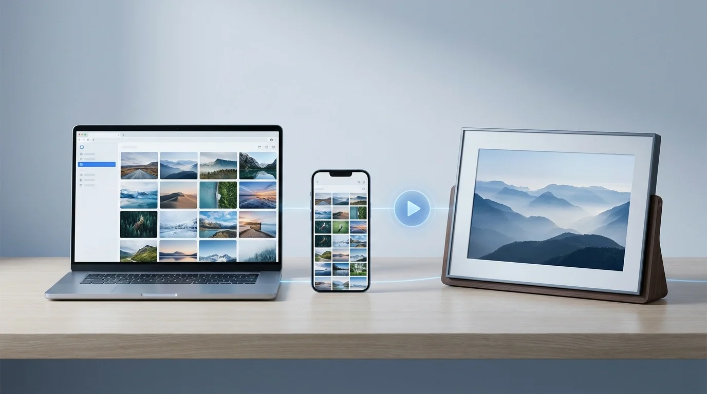 A laptop and smartphone showing a photo collection with a play symbol, illustrating slideshow and photo animation options