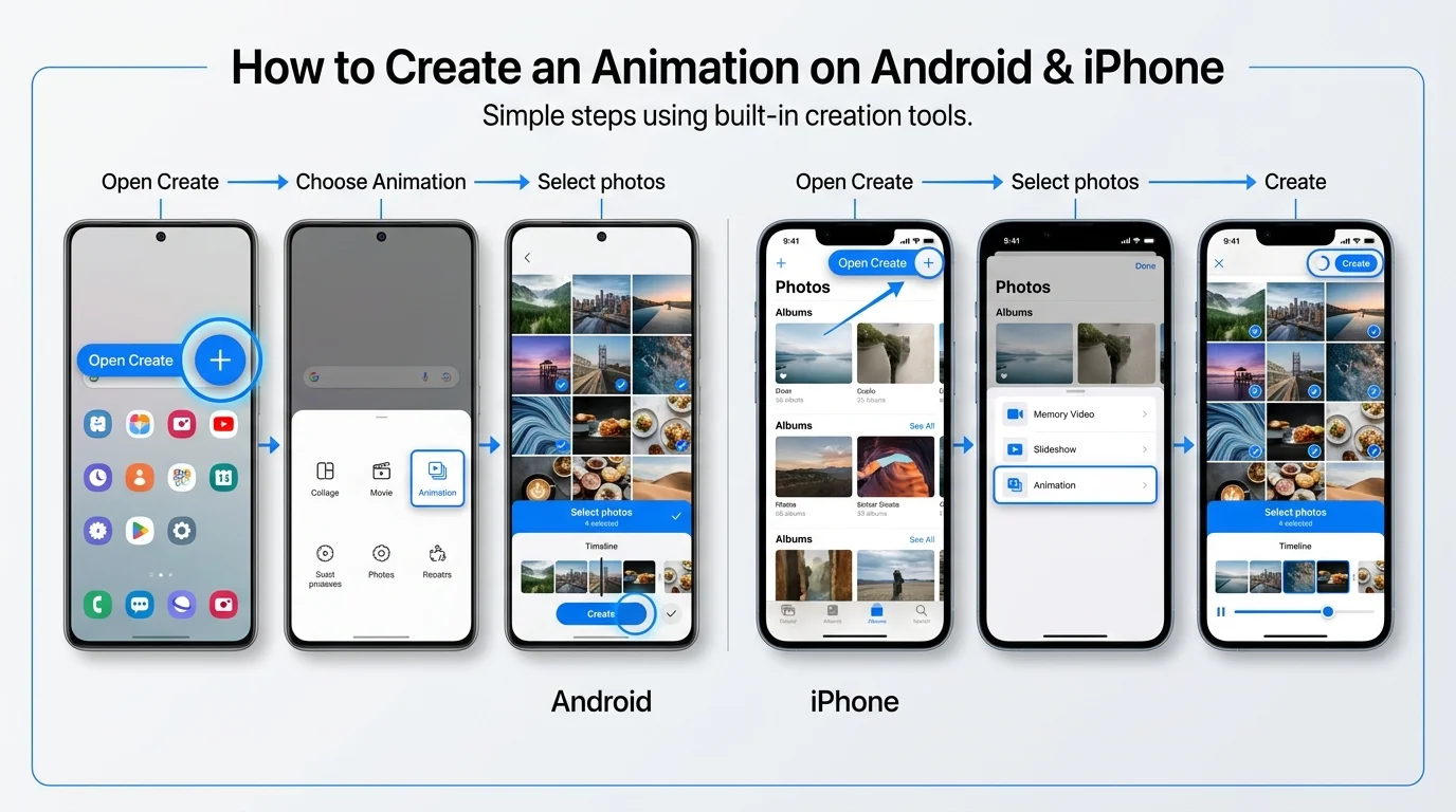 An Android phone and iPhone showing selected photos and the Animation creation tool, illustrating how to make a slideshow-style creation on mobile