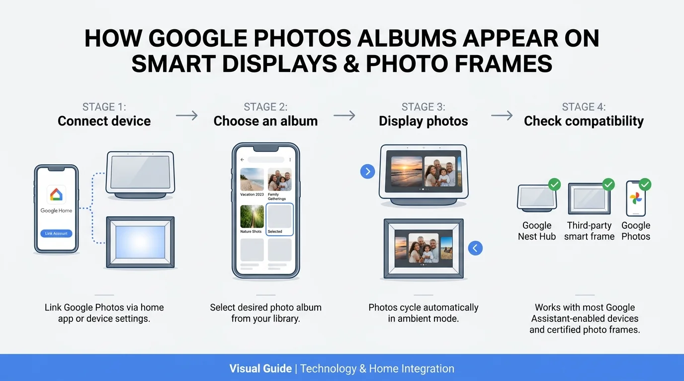 A compatible photo frame and smart display showing a rotating album of photos, illustrating ambient Google Photos slideshow use