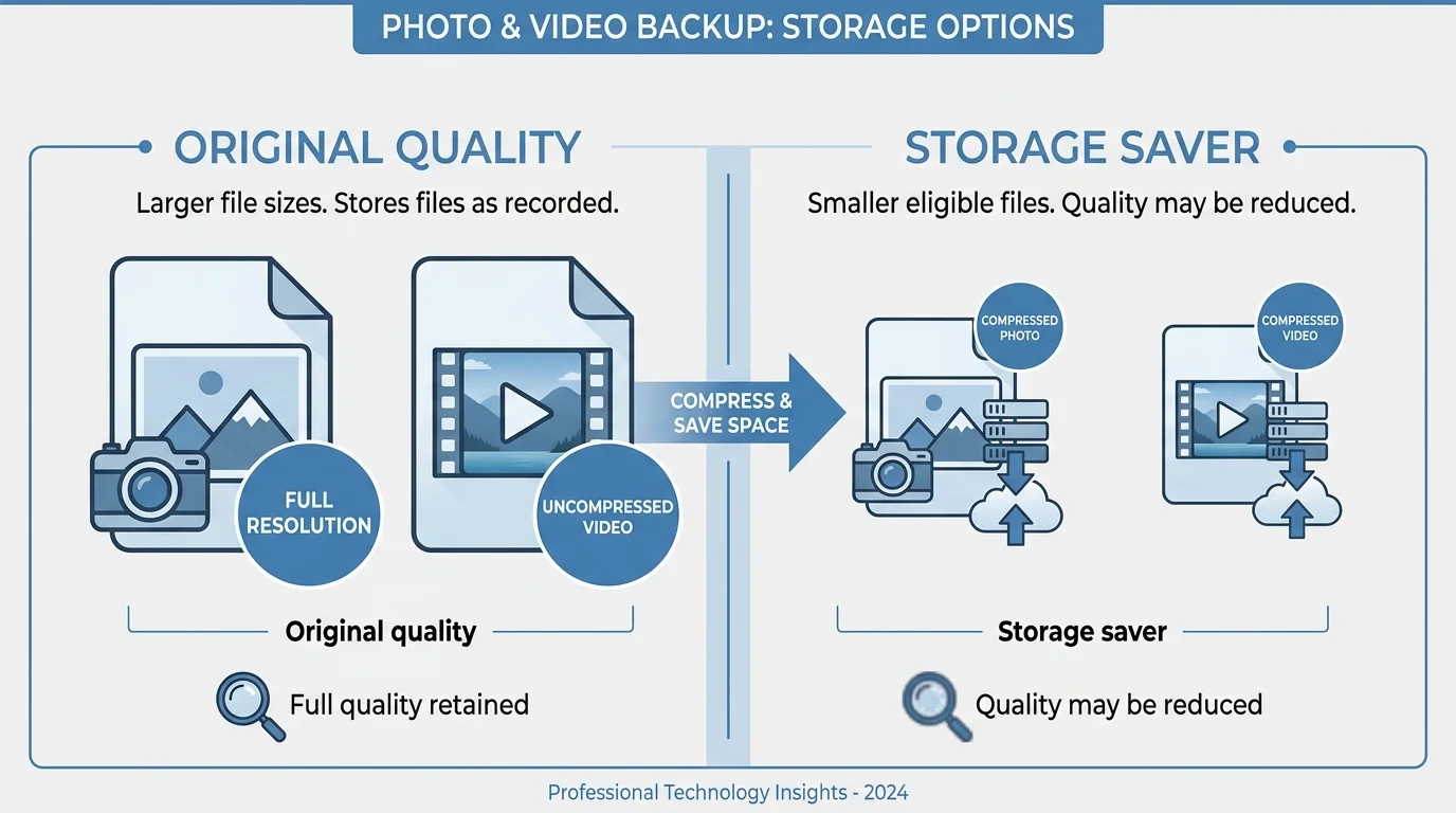 An editorial illustration comparing Original quality and Storage saver for existing photo and video backups