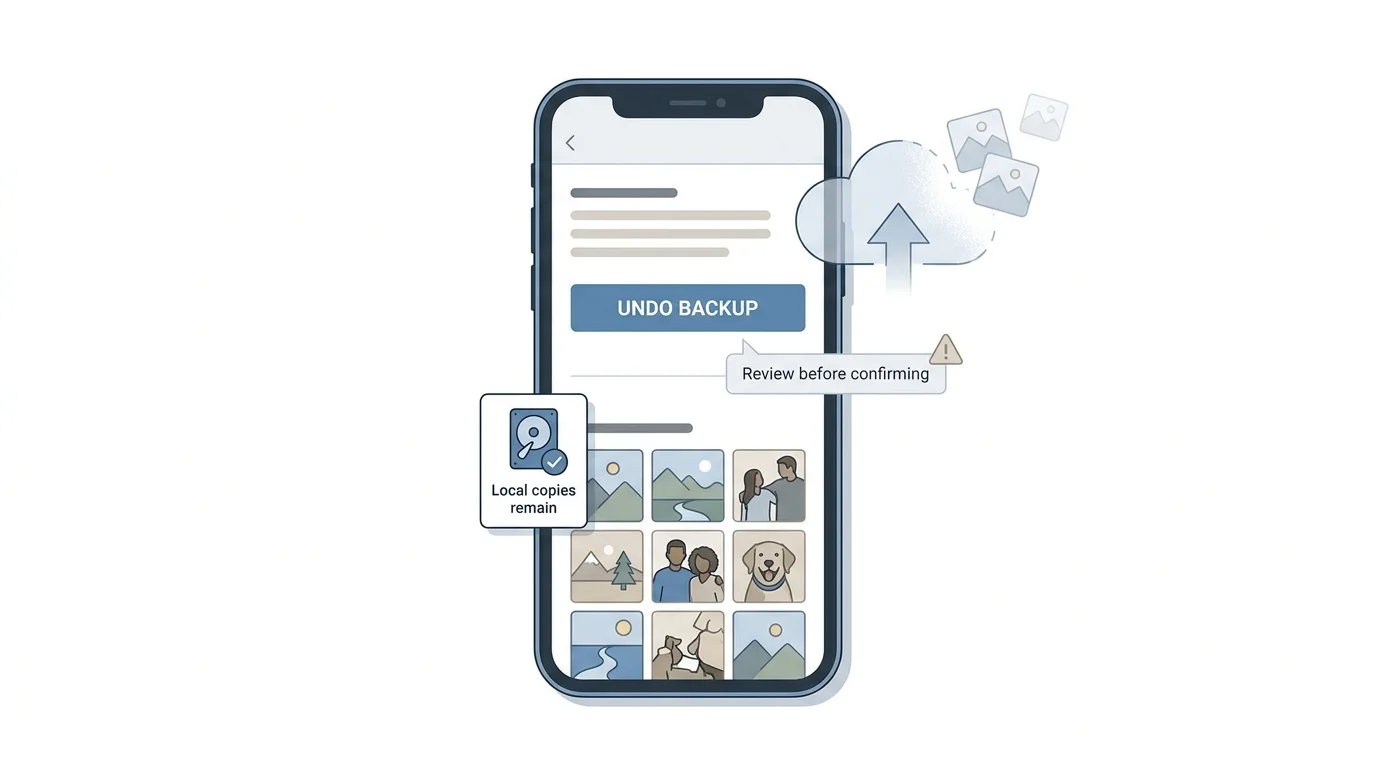 A conceptual illustration of the Undo backup option removing the cloud backup while preserving the local photo library on a phone