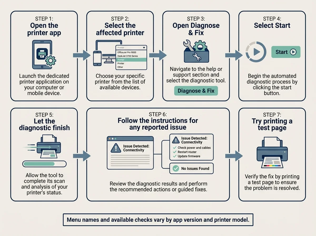 A clear diagram showing the HP app, selecting a printer, opening Diagnose & Fix, running diagnostics, and testing a page