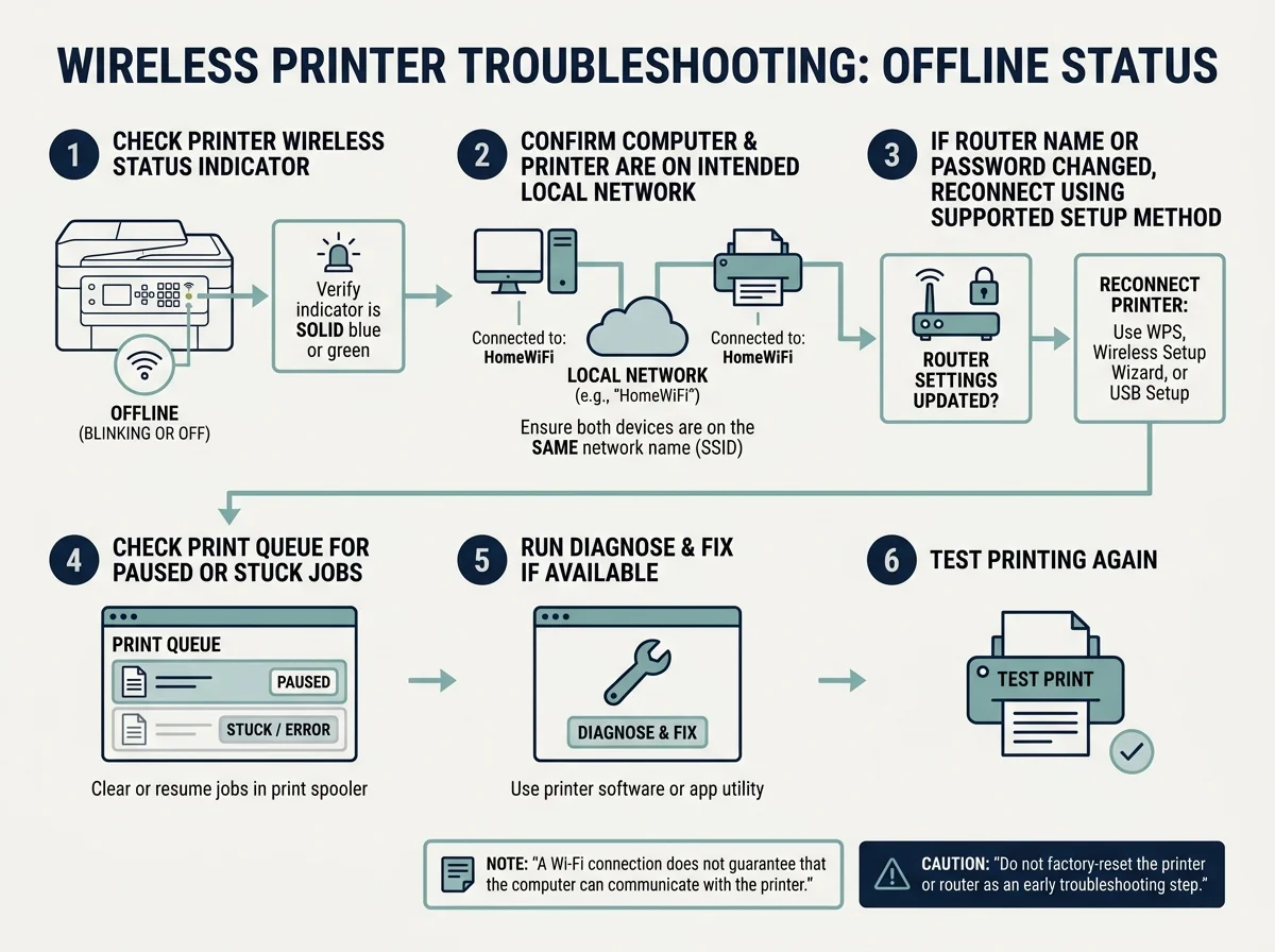 A network troubleshooting diagram showing the HP printer and computer on the same local network, checking the printer's Wi-Fi status, and reconnecting after a router or password change