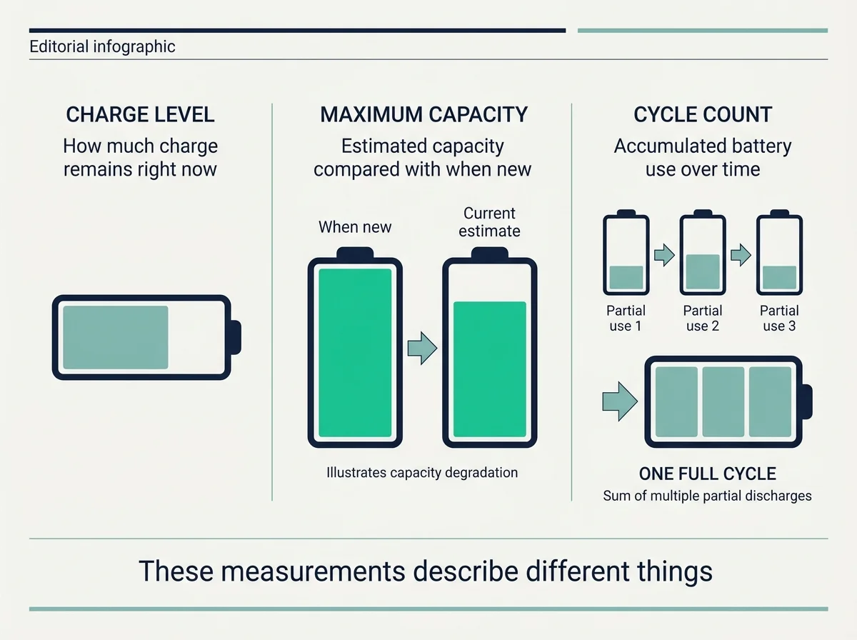 Infographic distinguishing current charge, maximum capacity, and accumulated charge cycles
