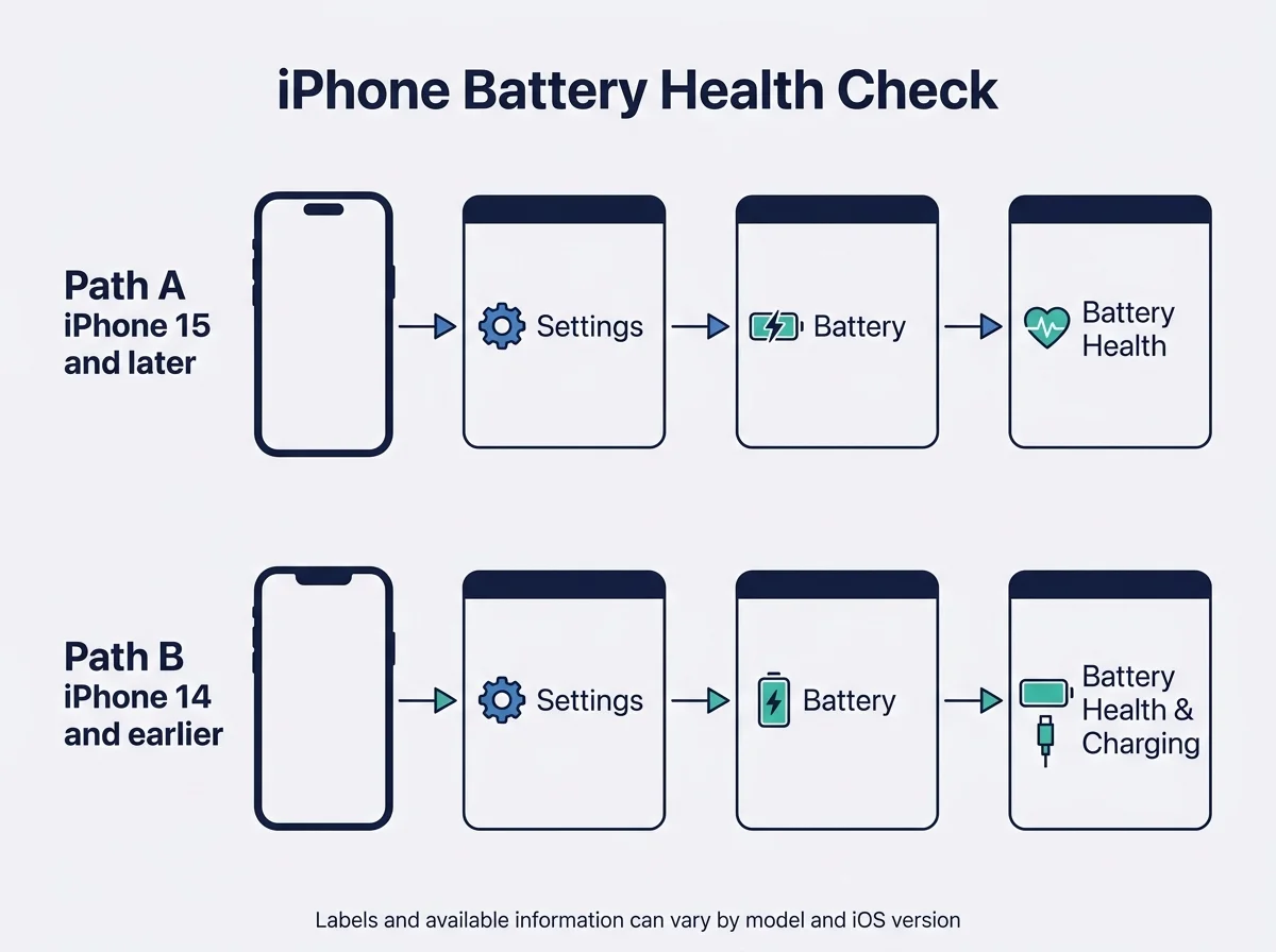 Illustrated route to the iPhone battery health screen, with separate paths for iPhone 15 and later and iPhone 14 and earlier