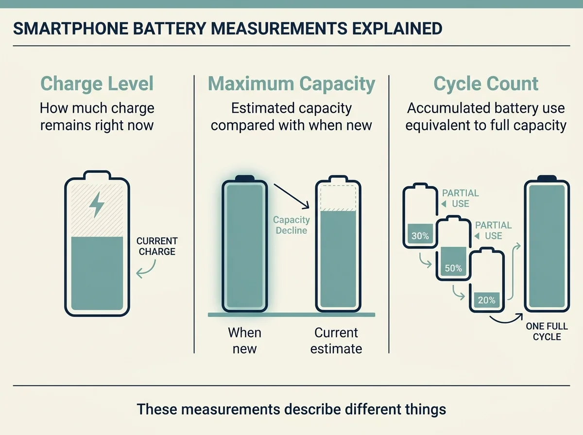 Comparison infographic showing battery charge percentage, maximum capacity, and cycle count as three different measurements