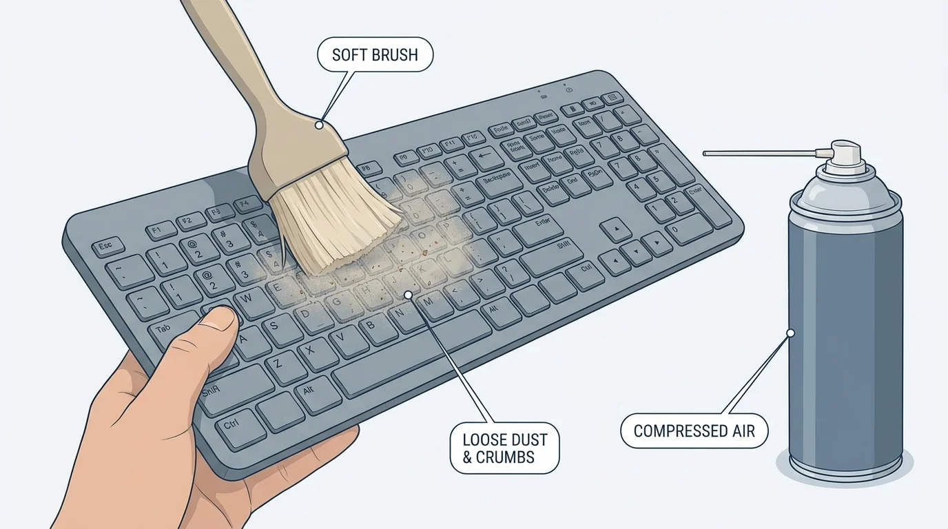 Loose crumbs and dust being gently removed from between external keyboard keys with a soft brush