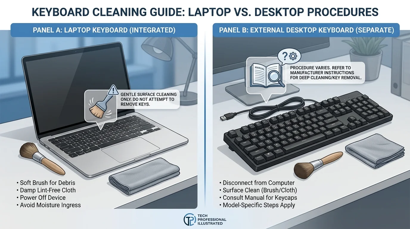 Laptop keyboard beside a separate desktop keyboard, illustrating that their cleaning procedures may differ