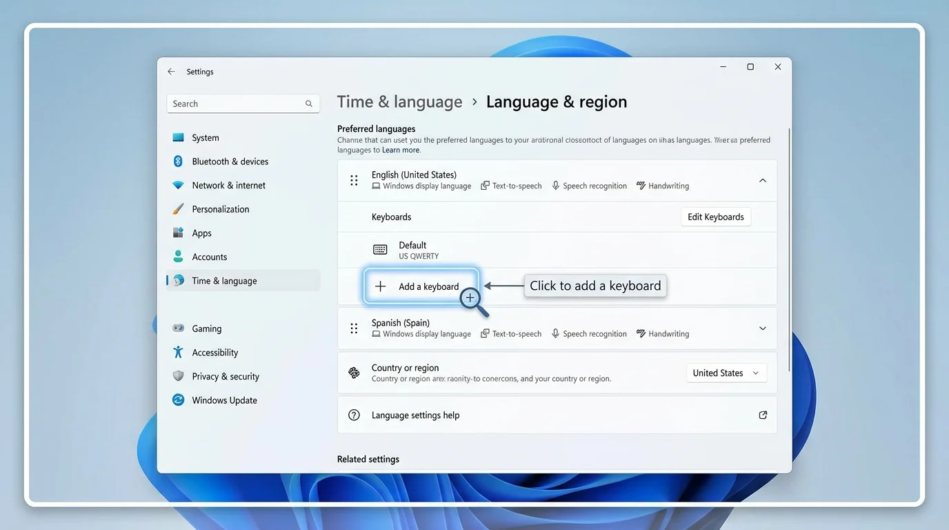 Windows 11 Language and region settings with a keyboard layout option highlighted