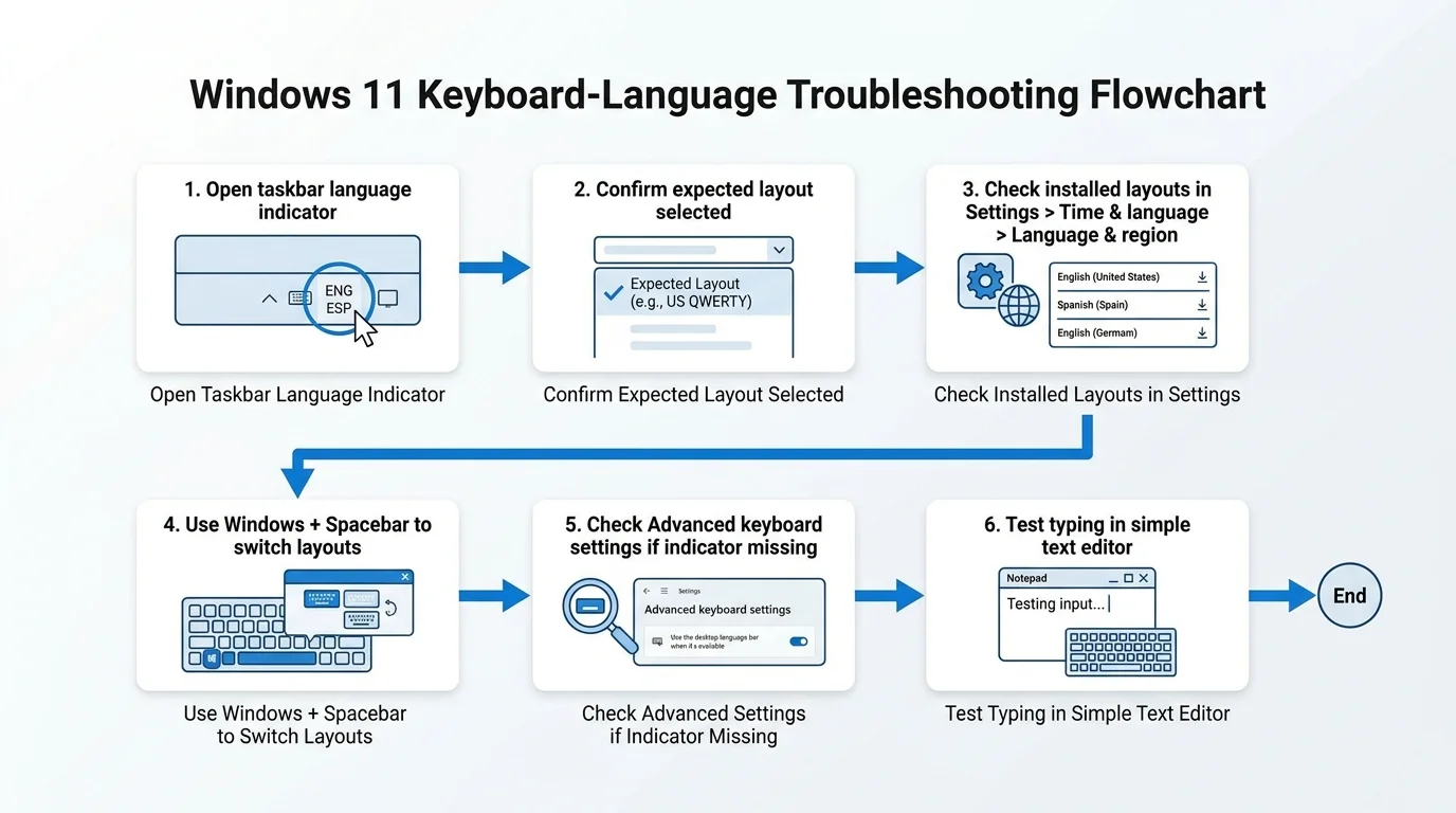 Troubleshooting diagram showing keyboard layout selection, taskbar language indicator, and Windows Settings checks