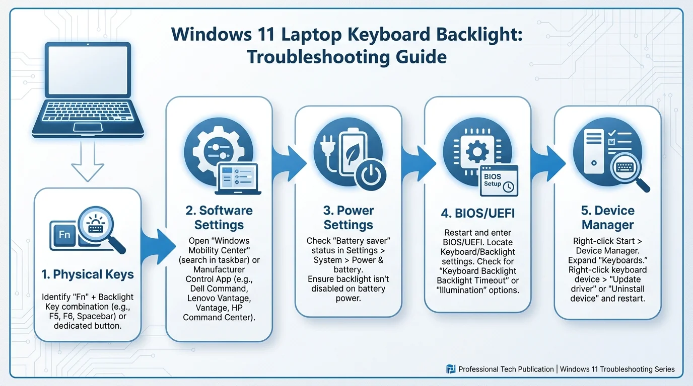 A troubleshooting flowchart for checking keyboard backlight hardware, shortcuts, settings, and manufacturer support
