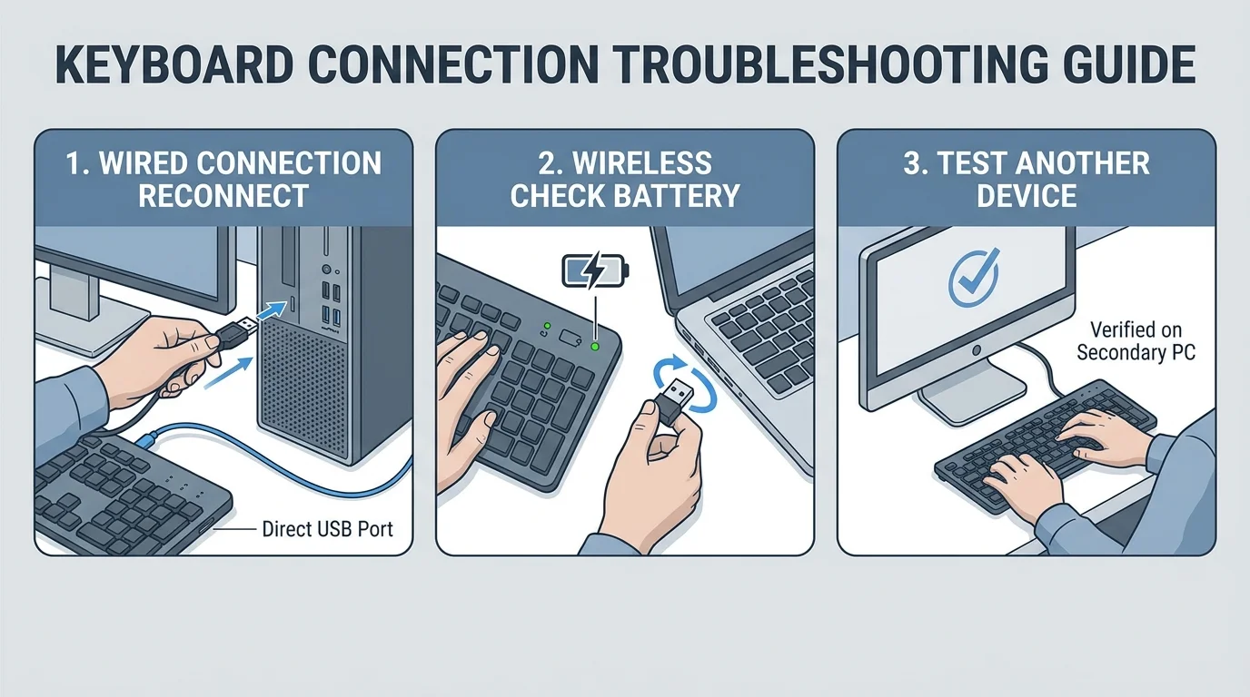 Three keyboard checks: reconnecting a USB cable, checking wireless keyboard power, and testing another computer