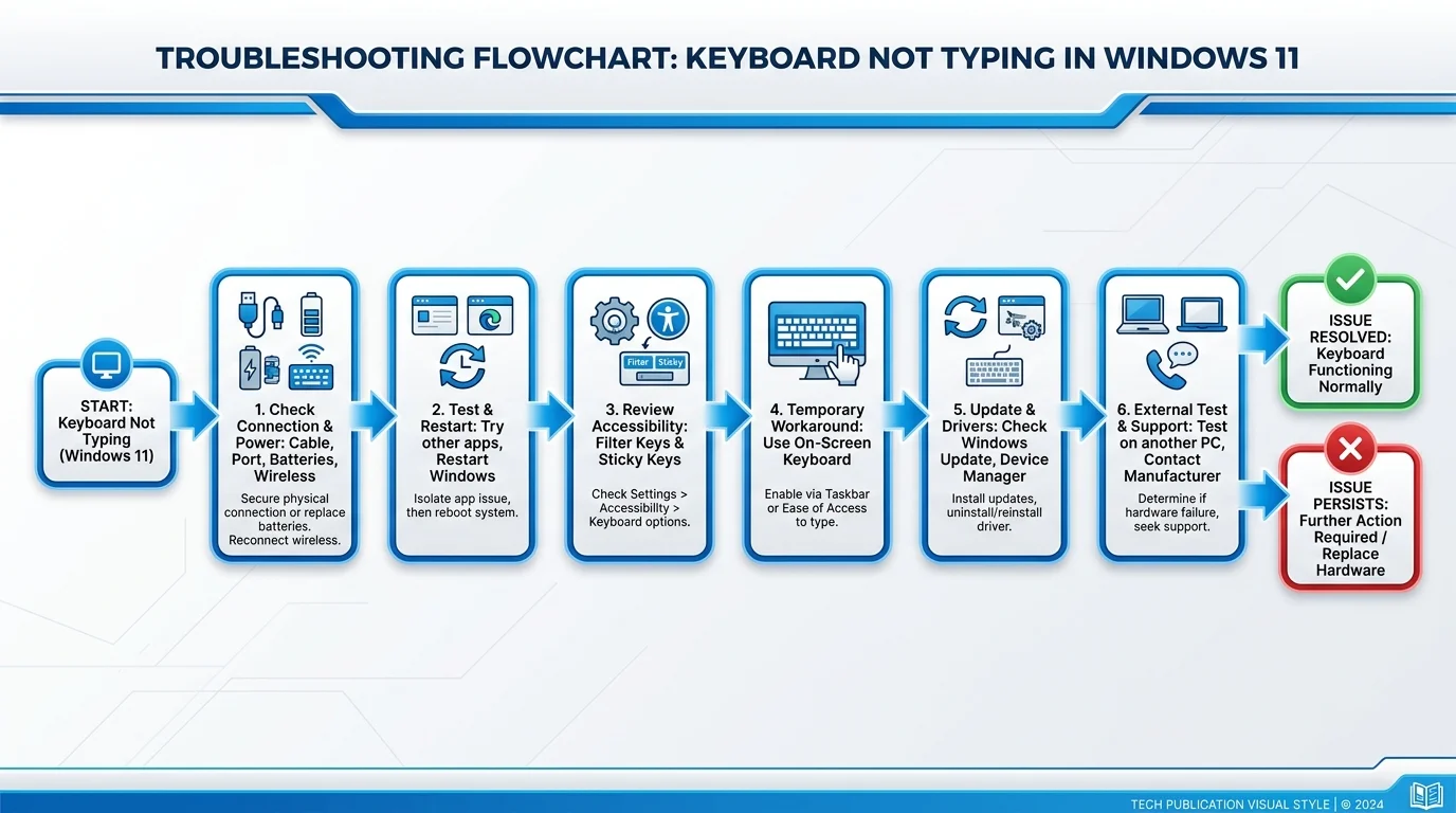 A simple troubleshooting decision path for a keyboard that does not type in Windows 11