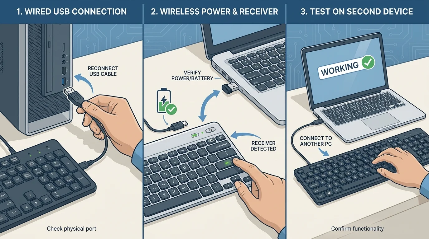 An instructional illustration showing a USB keyboard being connected directly to a computer, a wireless receiver and battery check, and a test on a second computer