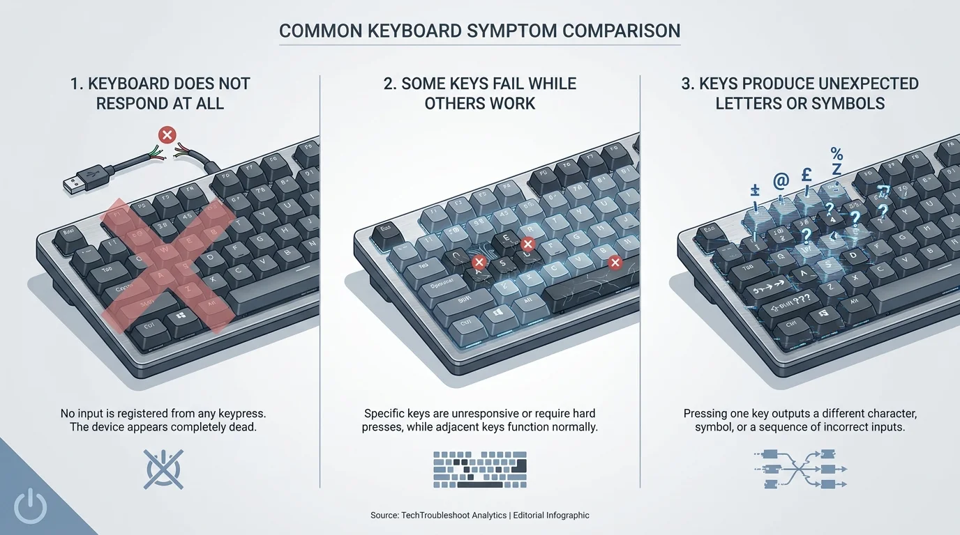 A simple diagram comparing a keyboard that has no response, one with only a few failed keys, and one that types unexpected characters