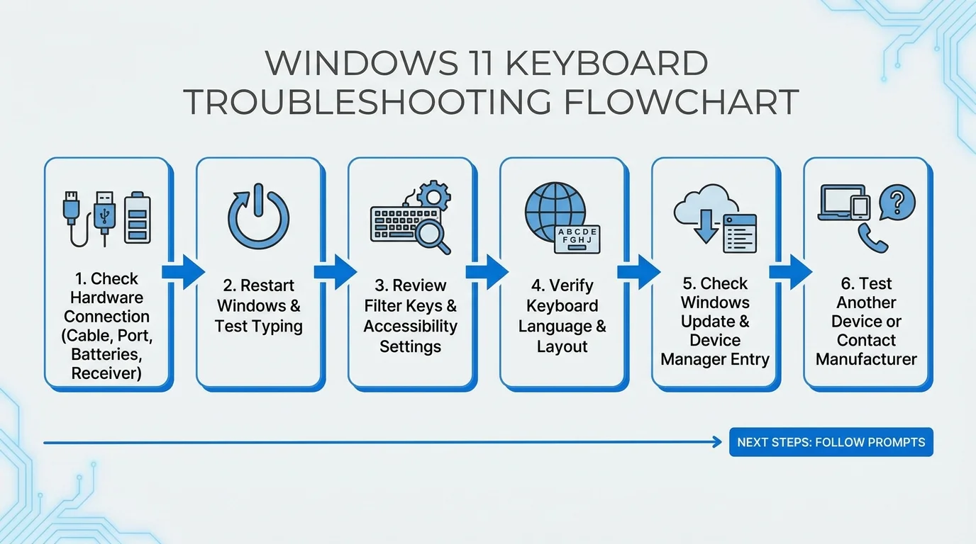 A troubleshooting flowchart that starts with connection and battery checks, then branches to accessibility settings, keyboard layout, driver checks, and manufacturer support