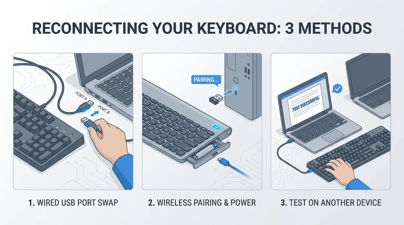 Wired and wireless keyboard connection checks for a keyboard that is not responding