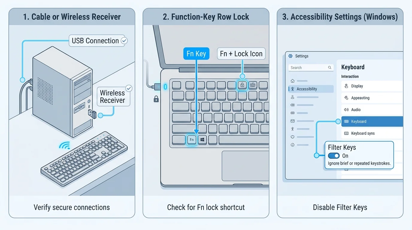 Basic keyboard unlock checks including a USB connection, a laptop function key, and Windows accessibility settings