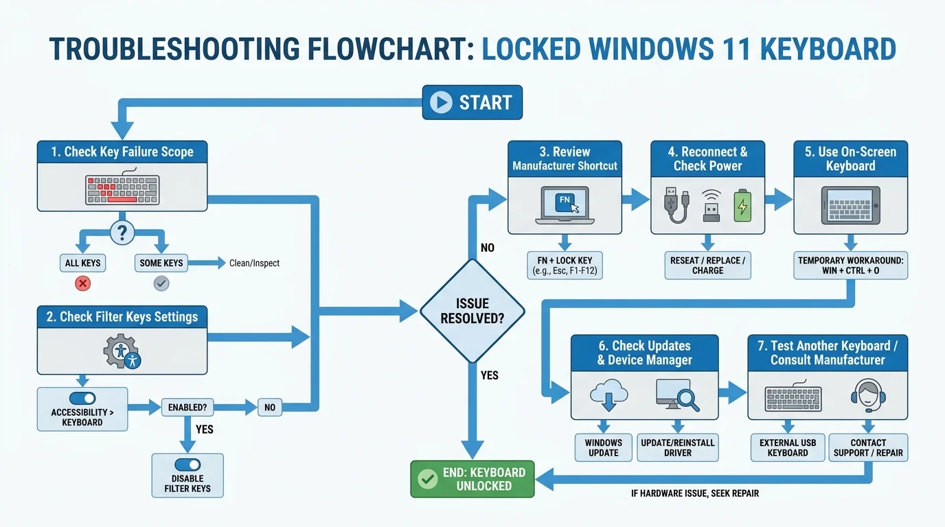 Troubleshooting flow for a keyboard that appears locked in Windows 11