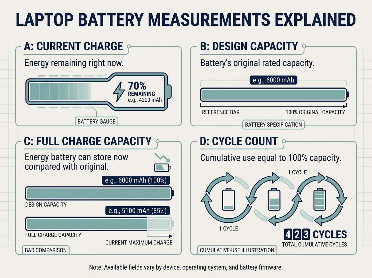 Infographic distinguishing current charge, design capacity, full-charge capacity, and charge cycles