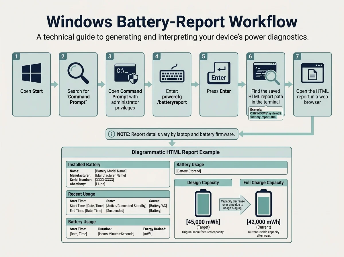 Diagram showing how to open Command Prompt, run powercfg /batteryreport, and open the resulting HTML battery report