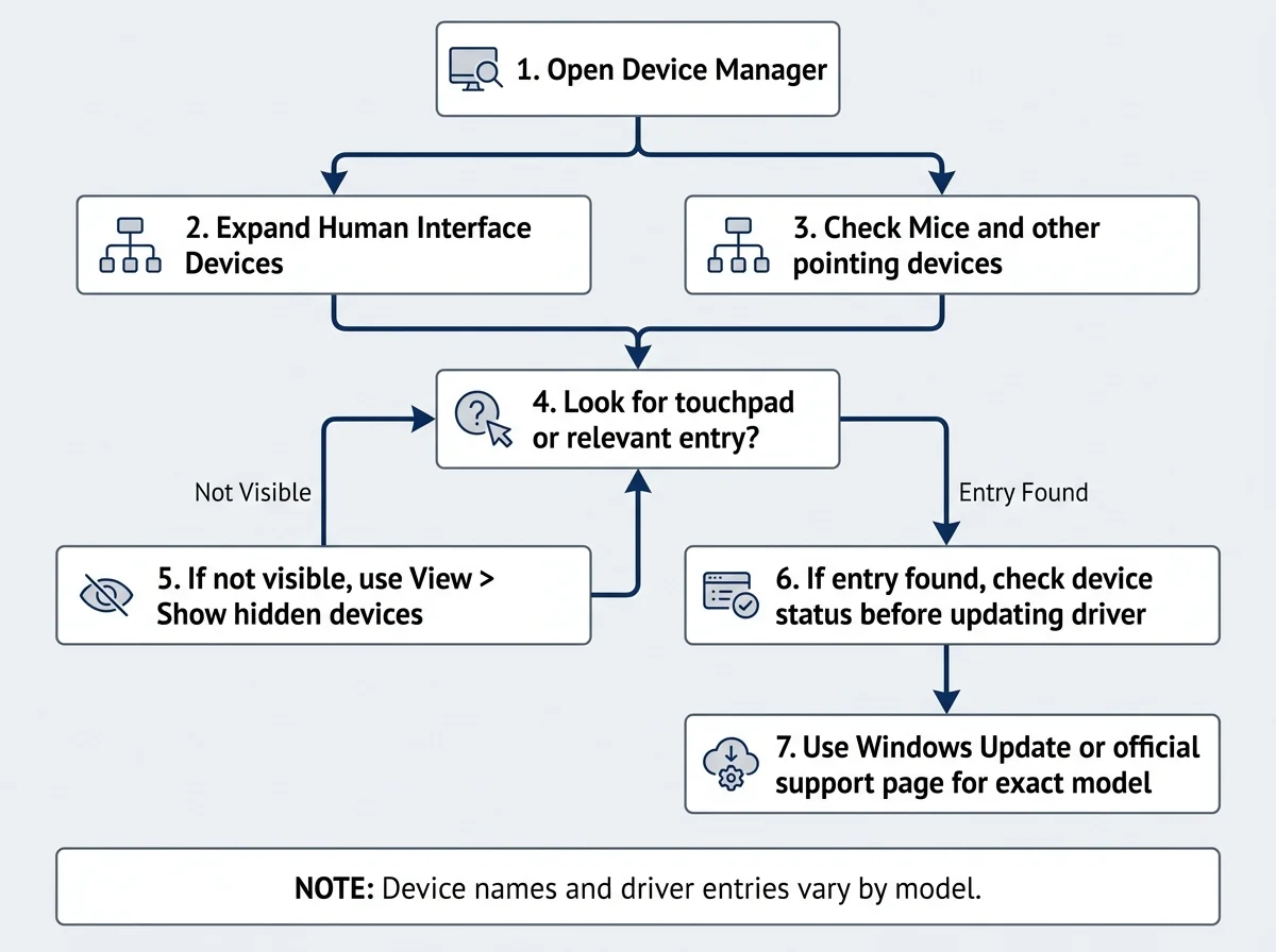 Illustration showing Device Manager categories where a Lenovo touchpad may appear: Human Interface Devices and Mice and other pointing devices