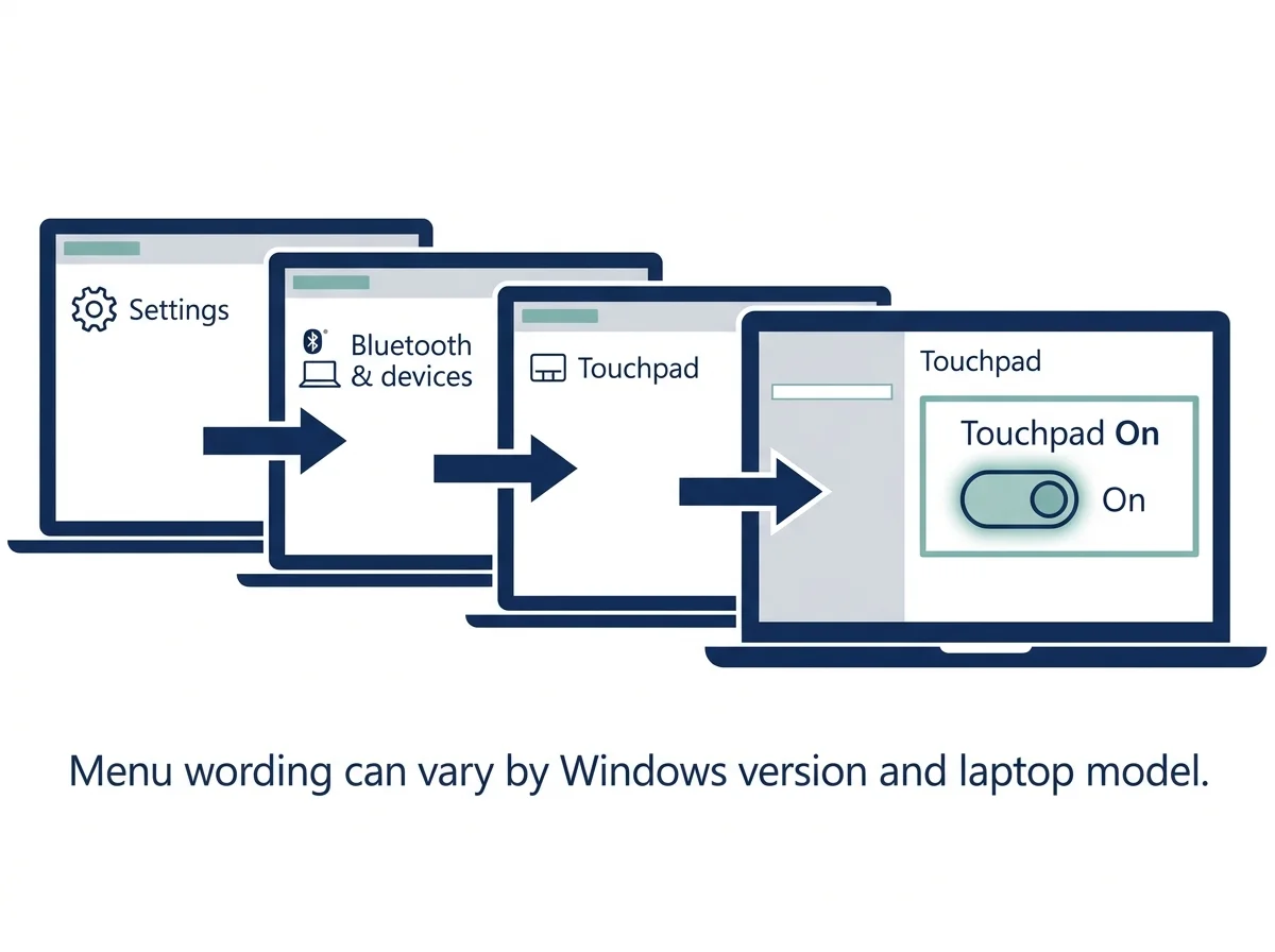 Diagram of Windows 11 Settings > Bluetooth & devices > Touchpad, with the Touchpad On switch highlighted schematically