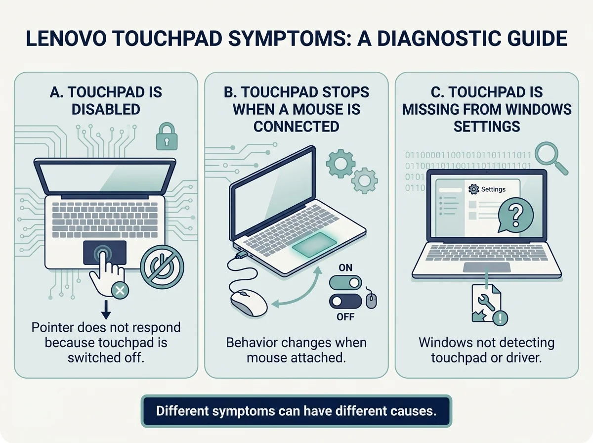 Infographic showing common Lenovo touchpad symptoms: touchpad disabled, touchpad affected when a mouse is connected, and touchpad missing from Windows settings