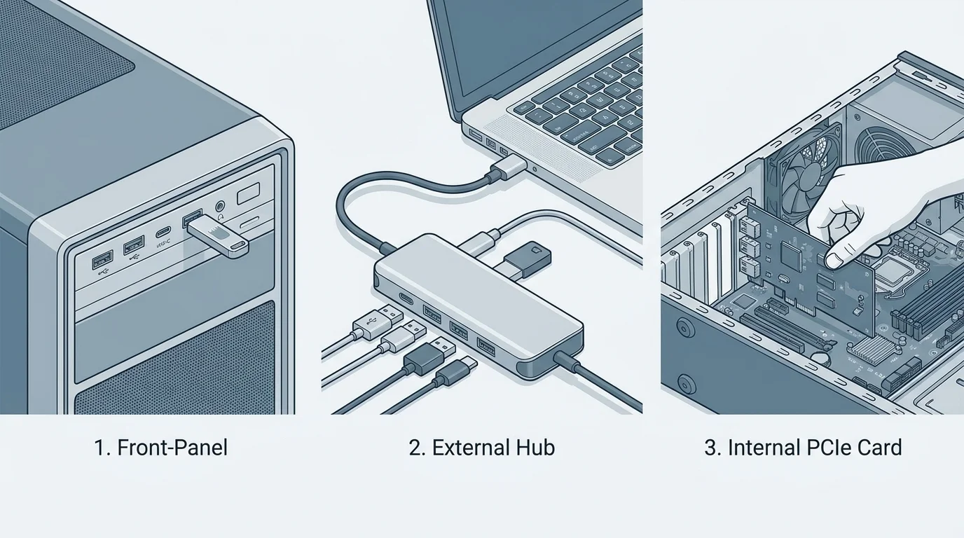 USB hub and desktop computer illustrating options when the available motherboard USB sockets are not enough