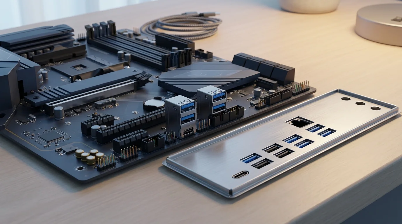 A desktop motherboard's rear I/O panel and internal USB headers illustrated beside a PC case front panel