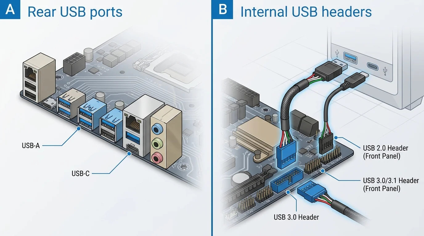 A motherboard's rear USB sockets compared with internal USB headers used to connect front-panel case ports