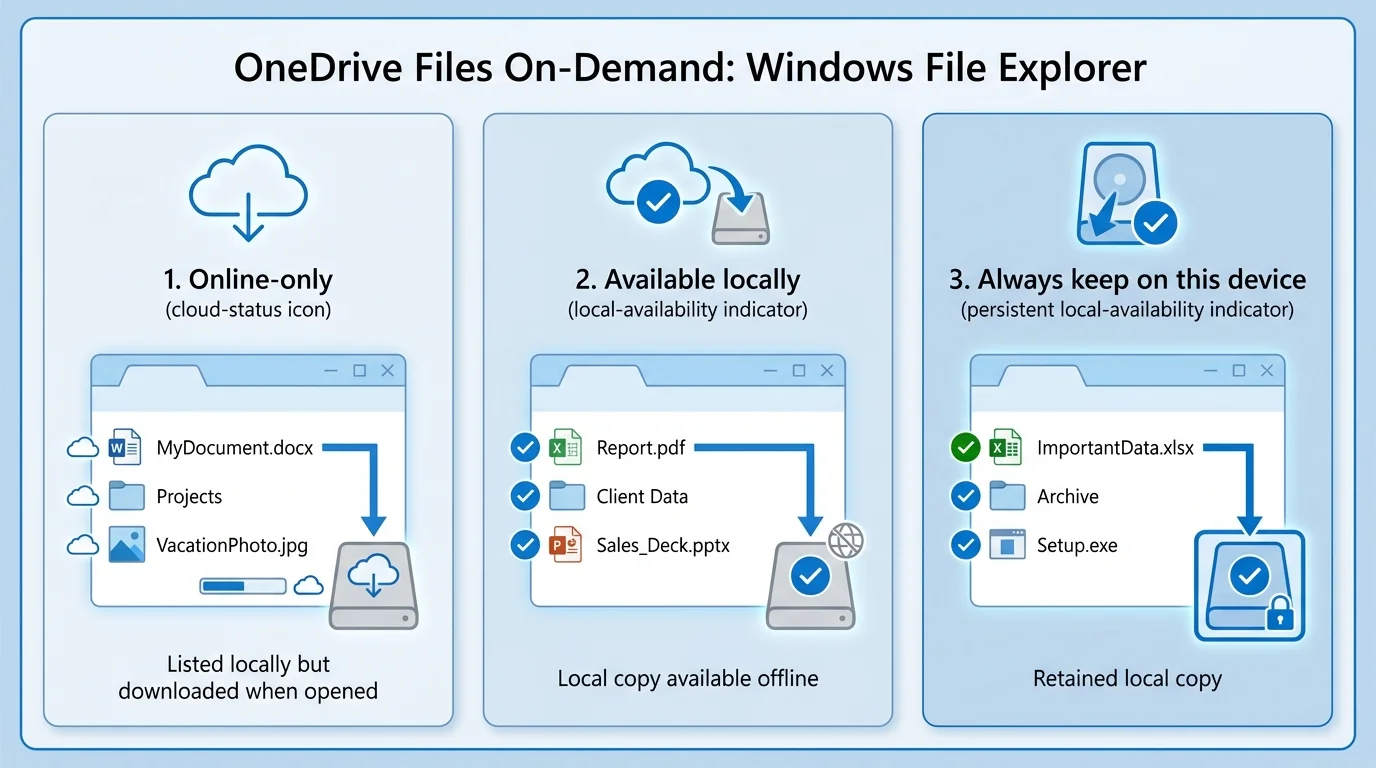 Comparison of OneDrive online-only files and files kept locally in File Explorer