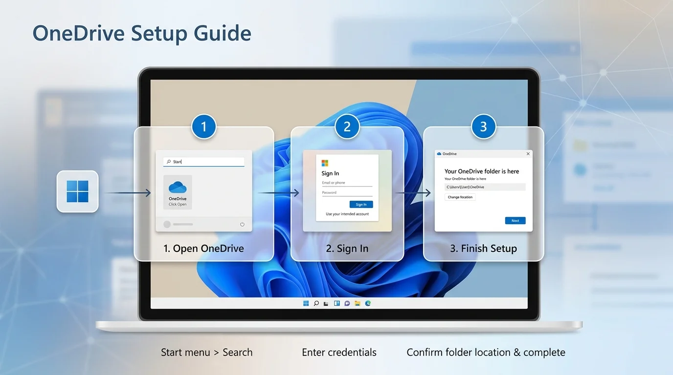 OneDrive setup on a Windows laptop with sign-in and folder setup illustrated