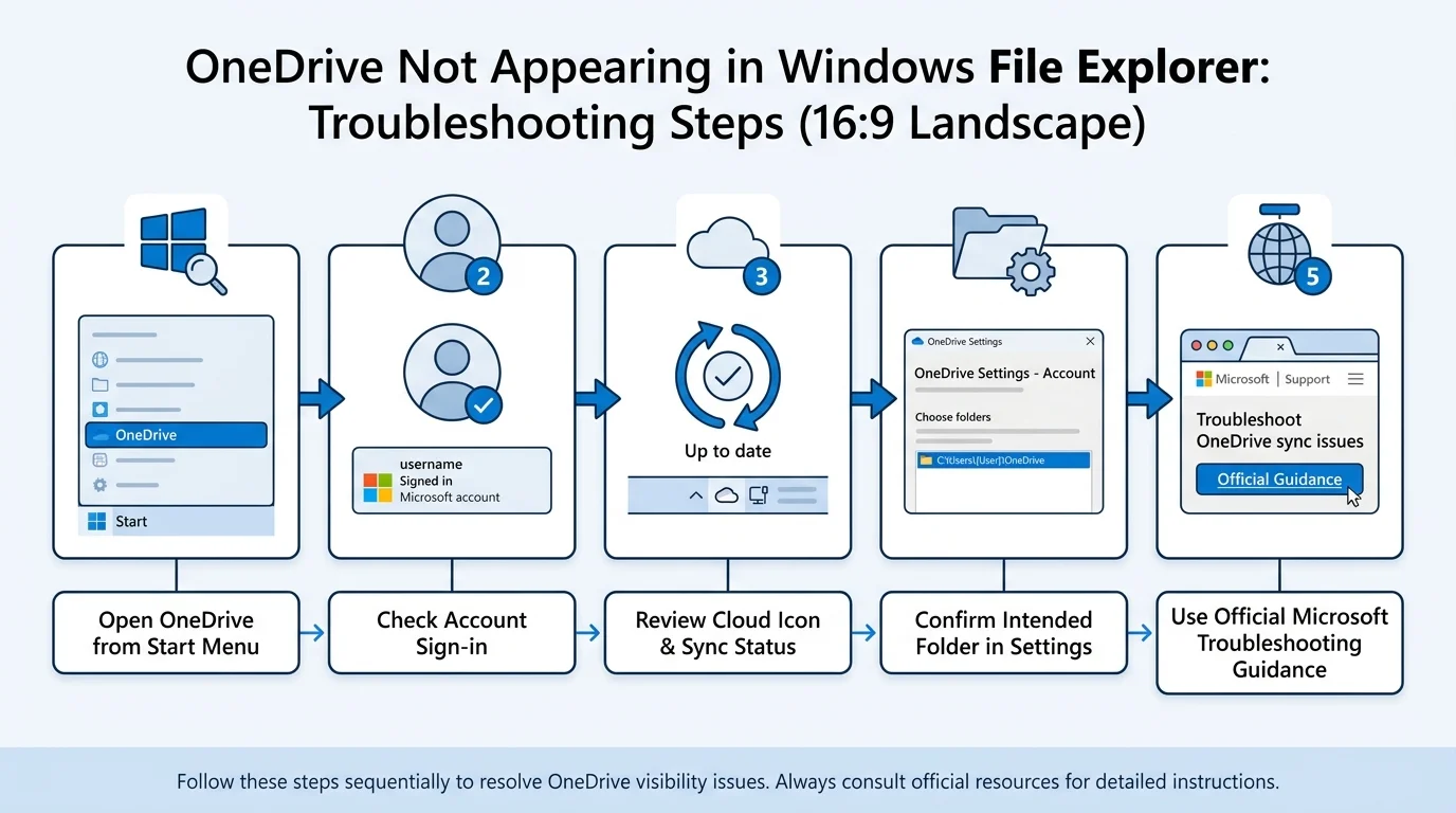 Troubleshooting checklist for OneDrive not appearing in Windows File Explorer