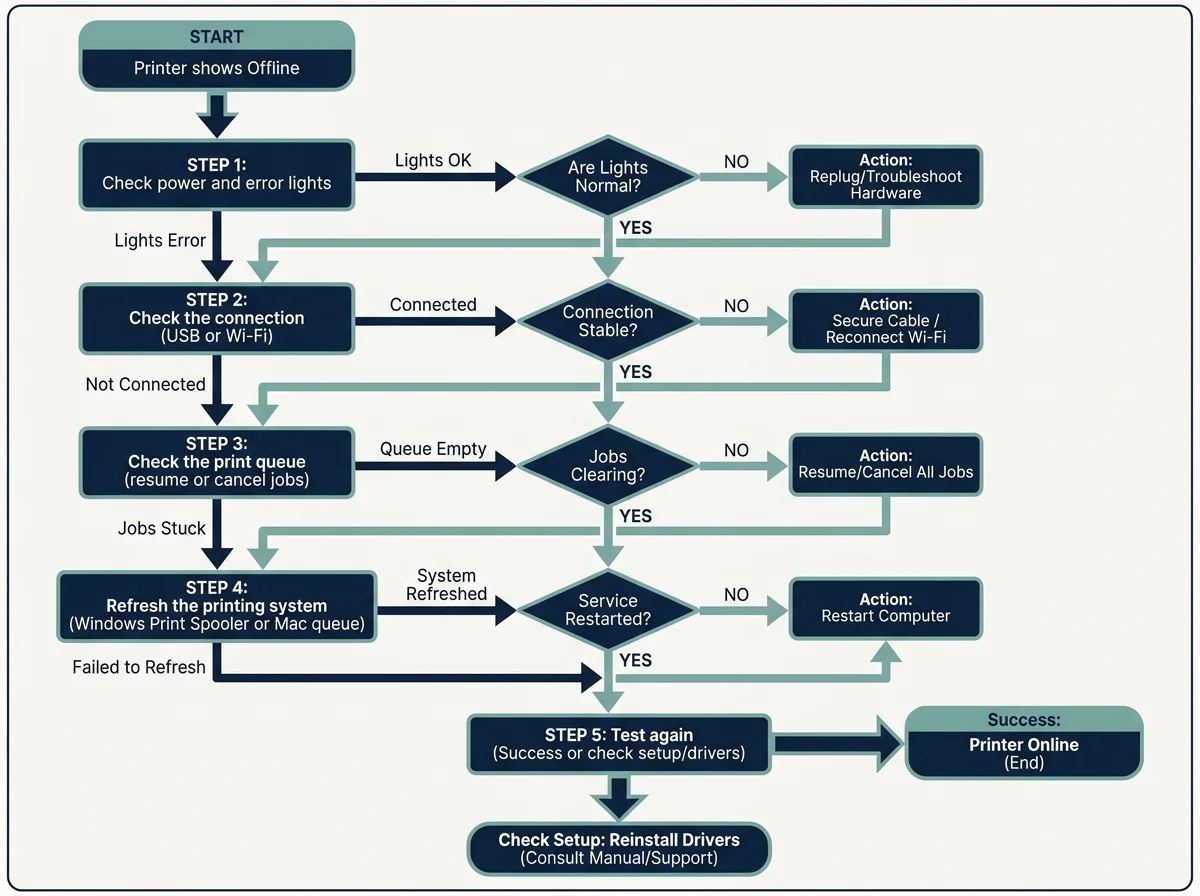 A troubleshooting flowchart showing printer power and error checks, USB or Wi-Fi connection checks, print queue review, and software troubleshooting in order