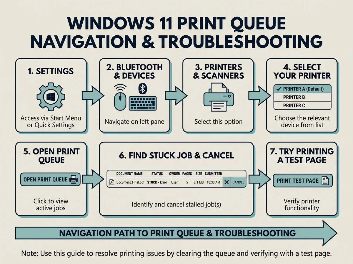 Diagram showing Windows Settings, Bluetooth and devices, Printers and scanners, selecting a printer, opening its print queue, and canceling a stuck job