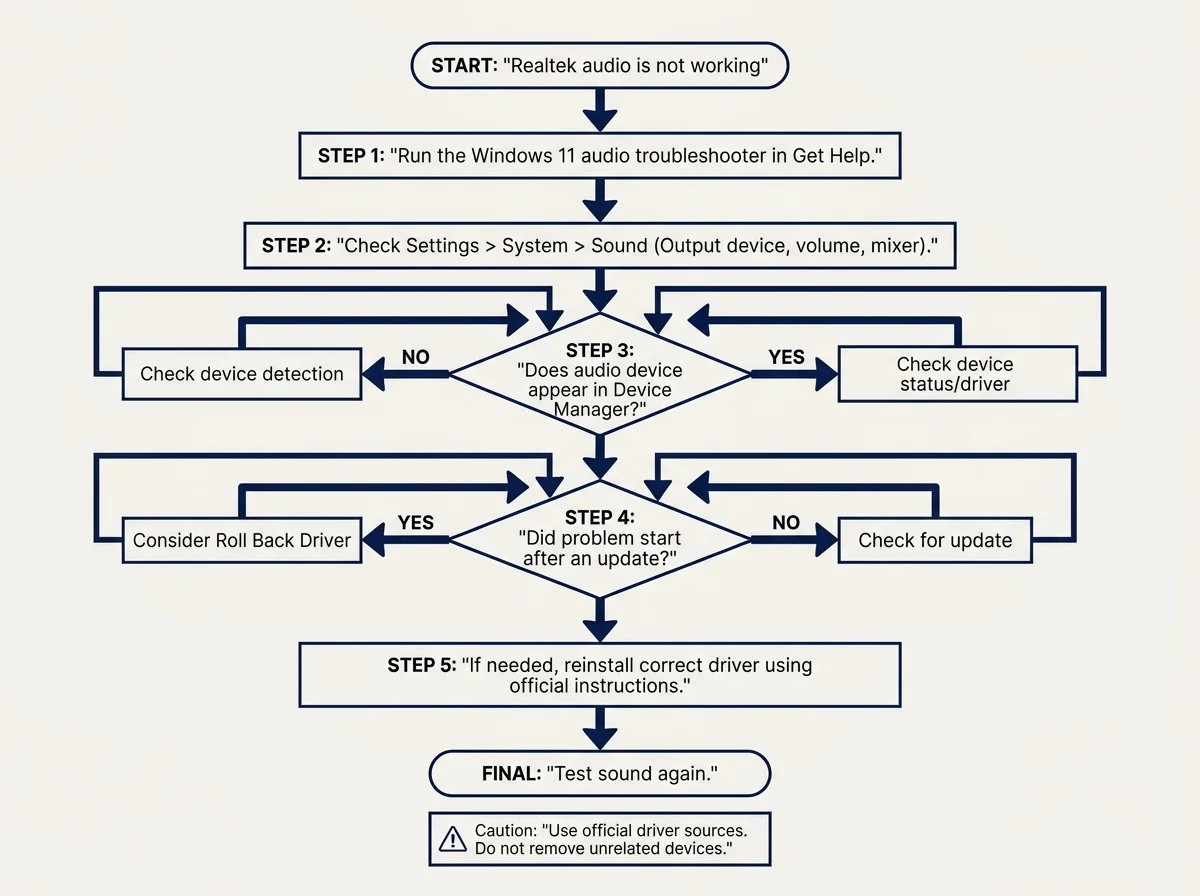 Diagram showing a safe troubleshooting order: check Windows audio settings, inspect Device Manager, try a supported driver update, then roll back or reinstall when appropriate