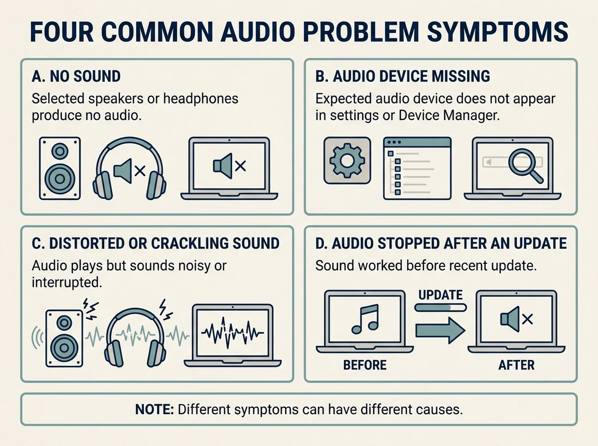 Diagram distinguishing no sound, a missing audio device, distorted sound, and audio that stopped after an update