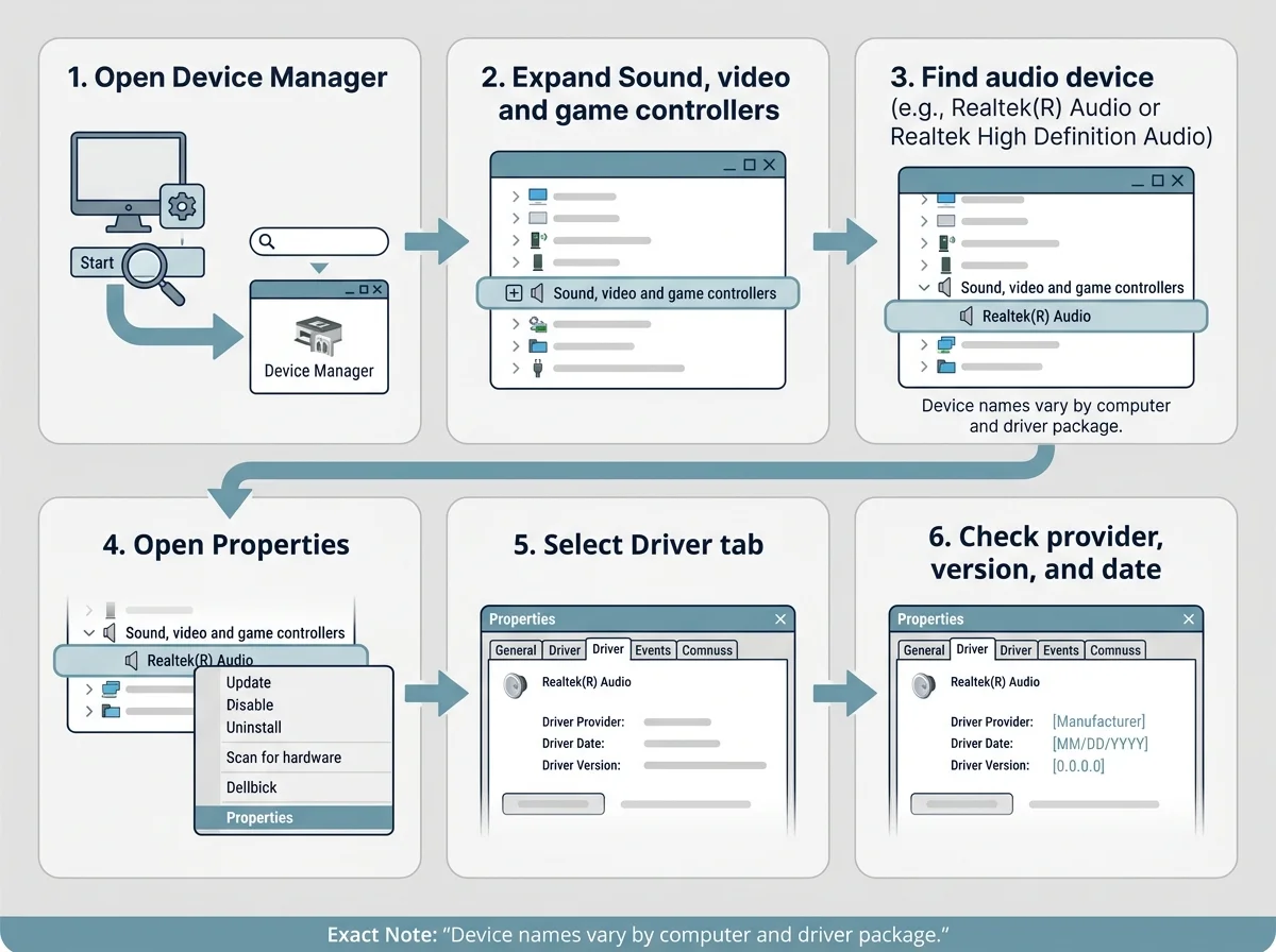 Diagram showing how to find the audio device in Device Manager and check the Driver tab for provider and version