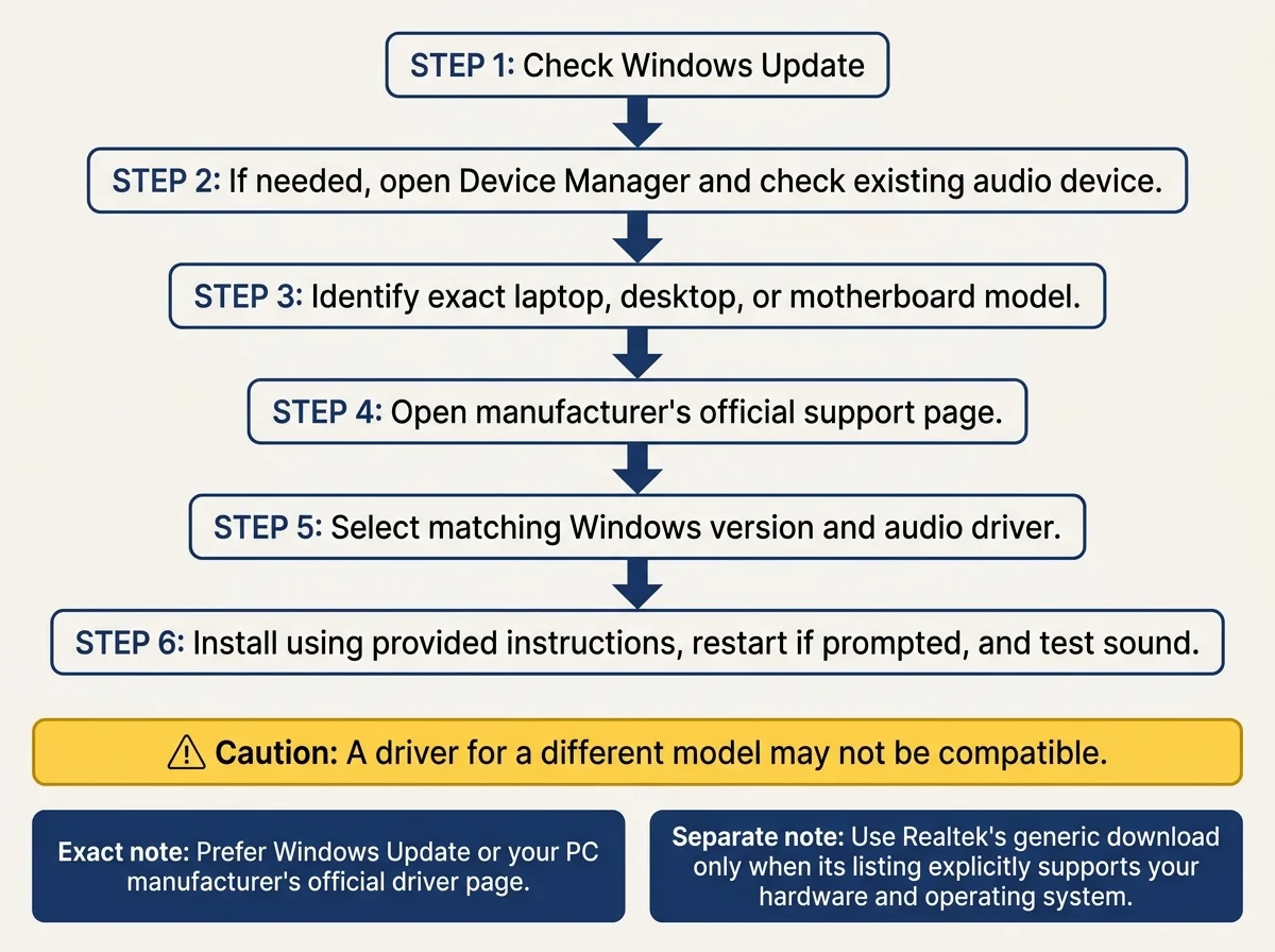 Diagram showing the safe driver route: identify the exact PC model, open the manufacturer's official support page, select the matching operating system, and install the listed audio driver