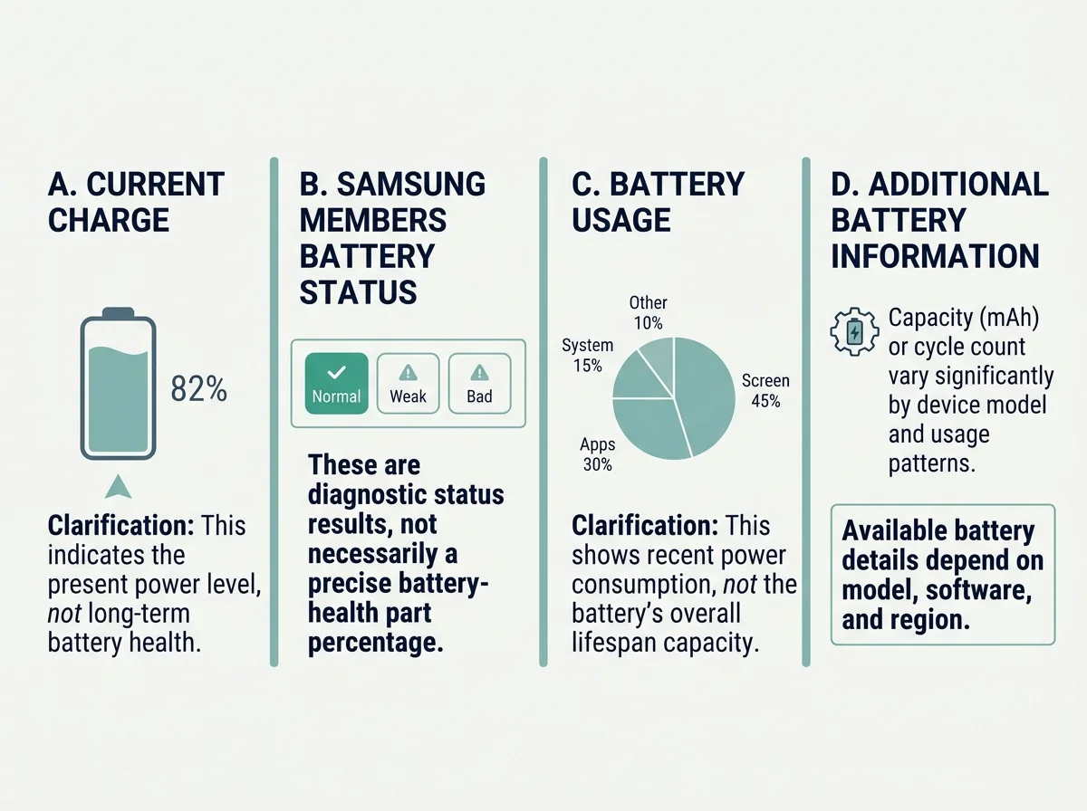 Infographic distinguishing current charge, battery health or capacity, battery usage, and charge-cycle information on Samsung Galaxy phones; availability depends on model and software