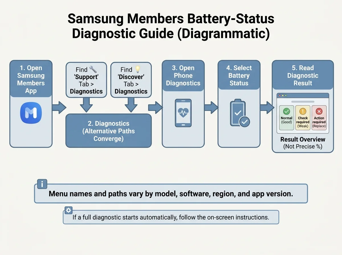 Diagram showing how to check Samsung Galaxy battery status in Samsung Members: open Support or Diagnostics, choose Phone diagnostics, then Battery status