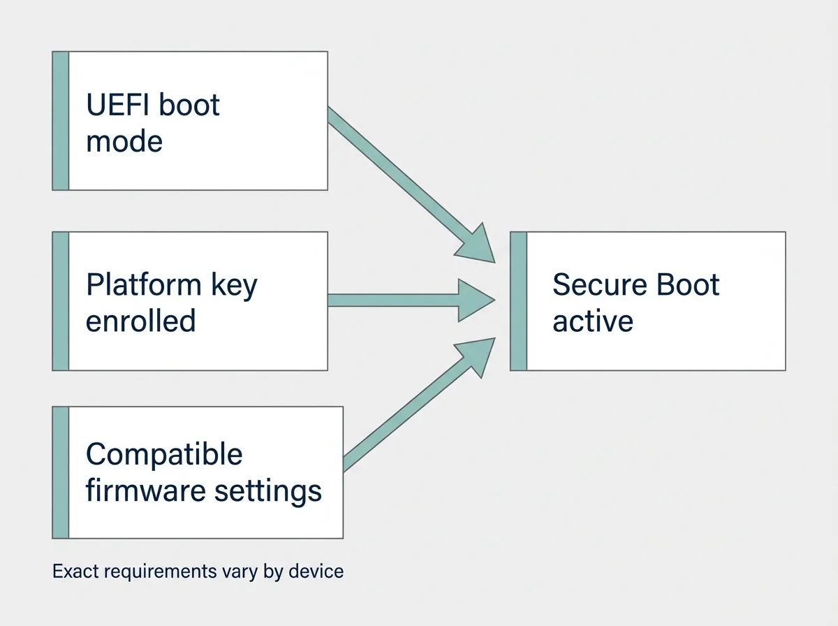 Conceptual diagram showing UEFI mode, platform key enrollment, and compatible firmware settings as checks for Secure Boot