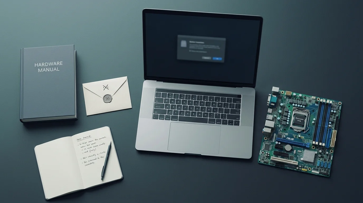 A careful PC firmware troubleshooting setup with an unbranded laptop, motherboard documentation, and a recovery-key card, with no readable text or real BIOS interface.