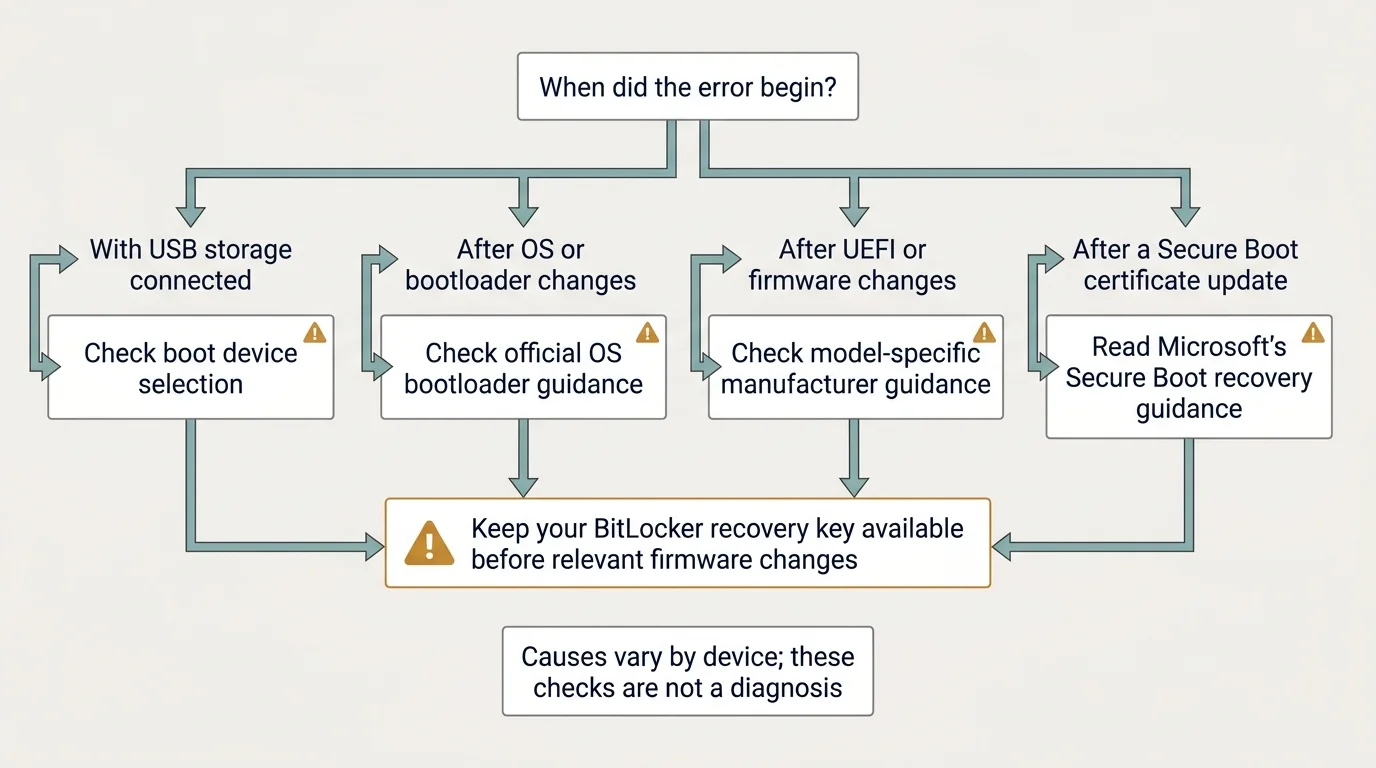 A technical Secure Boot troubleshooting diagram connecting the exact error, Windows System Information, recent firmware changes, and the device manufacturer's official instructions