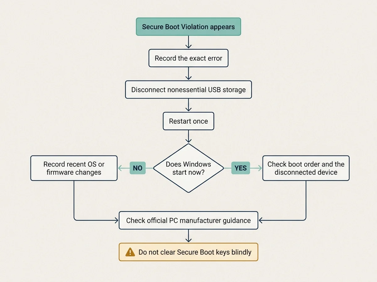 A simple Secure Boot Violation first-check flowchart showing the error message, external boot media, recent changes, and manufacturer support as the safe diagnostic sequence