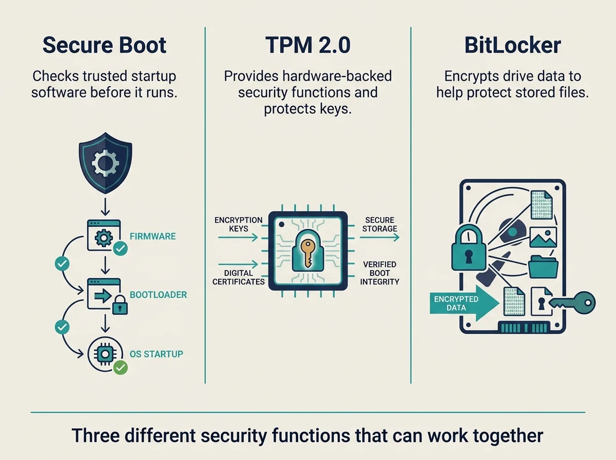 Comparison diagram showing Secure Boot checking trusted startup software while TPM 2.0 provides hardware-backed security functions.