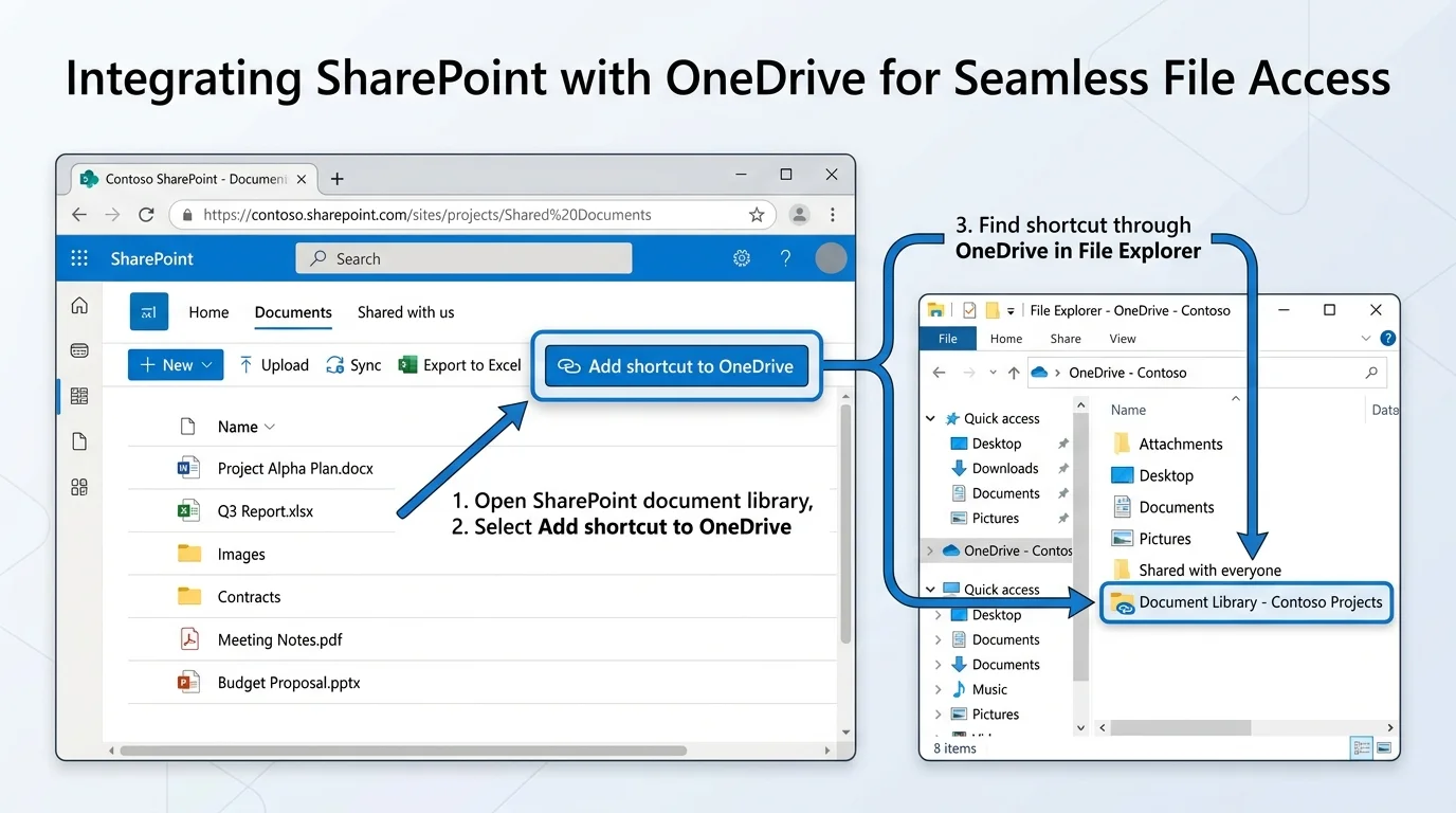 SharePoint document library with the Add shortcut to OneDrive command highlighted in an illustrative interface
